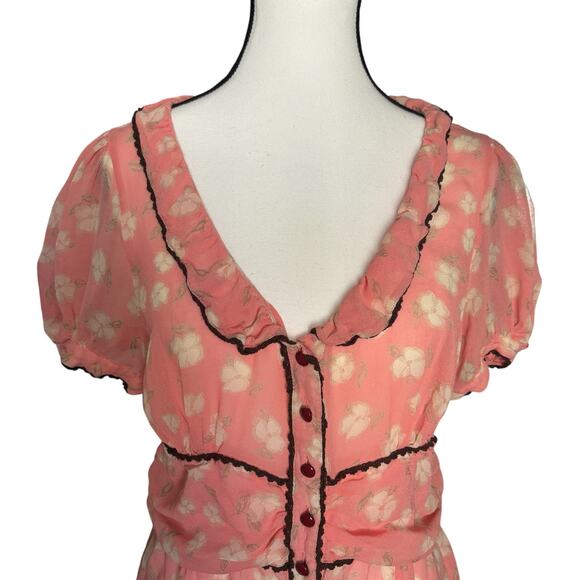 Odille Silk Pink Floral Ruffle Button Blouse Womens Medium Romantic Y2K Anthro - Picture 2 of 7